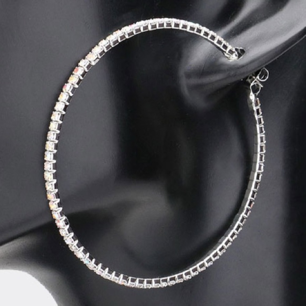 2.2" Long BLING Pave Set dangle drop Crystal rhinestone cz Hoop Earrings Silver